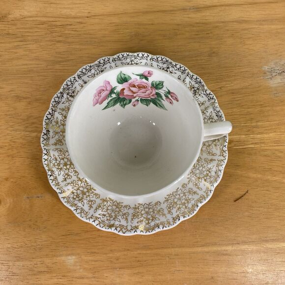 Vintage Sebring China Bouquet Cup and Saucer Set Pink Roses Gold Trim Cottage - Picture 3 of 15